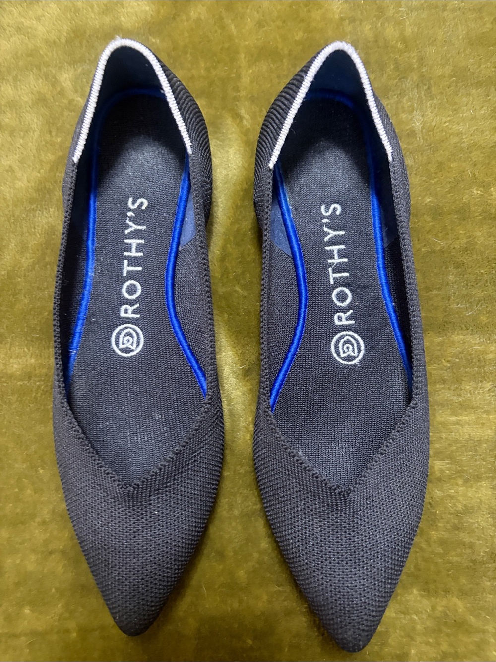 Rothy's Black Pointed Knit Flats with Blue Insole Trim